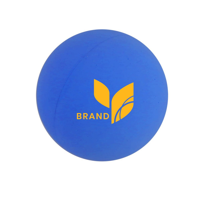 A blue bouncy ball featuring a logo, designed as a fun novelty item for games.