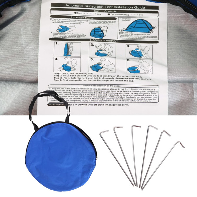 A blue pop-up beach tent with a carrying bag and six metal stakes for securing the tent.
