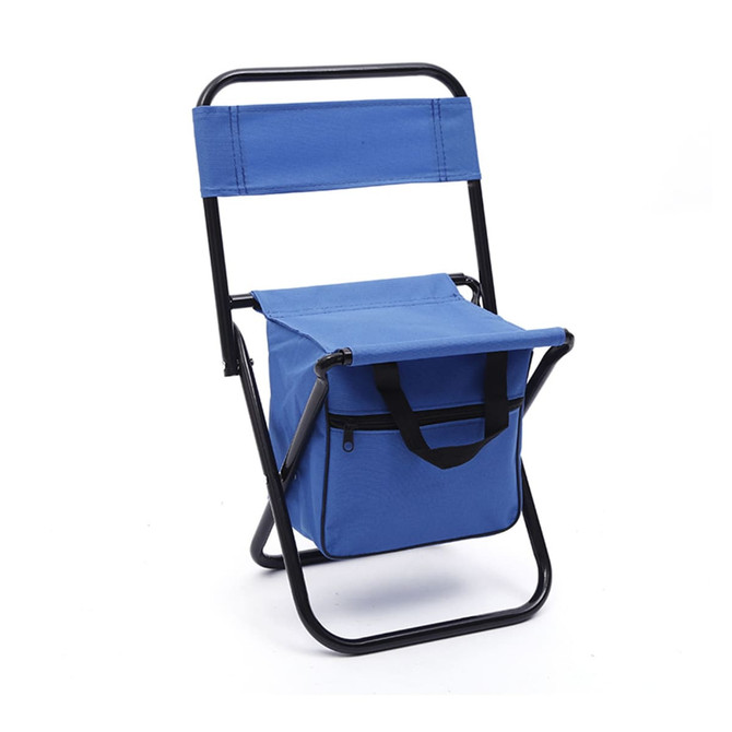 A foldable camping chair in blue with a fabric bag underneath and a black metal frame.