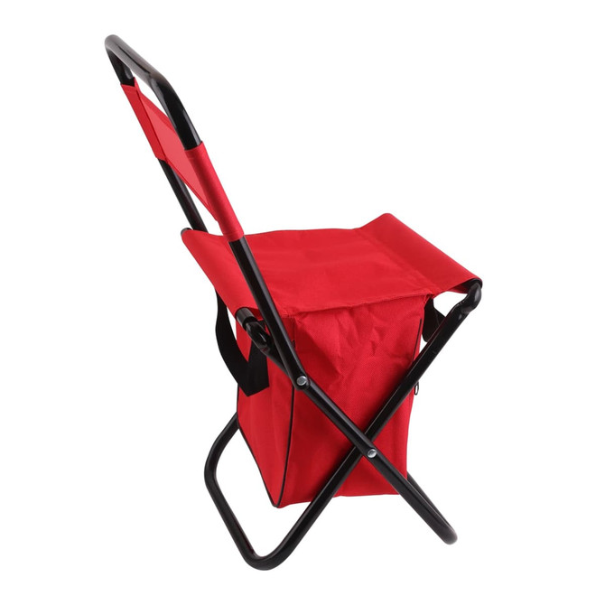 A red foldable camping chair with a black metal frame and an attached carrying bag.