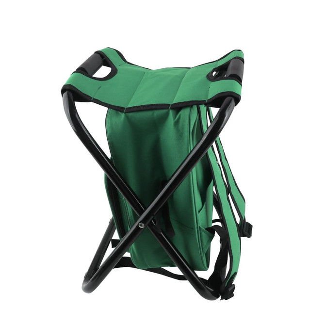 A green foldable insulated bag and chair with black handles, featuring a sturdy cross frame design and a logo.