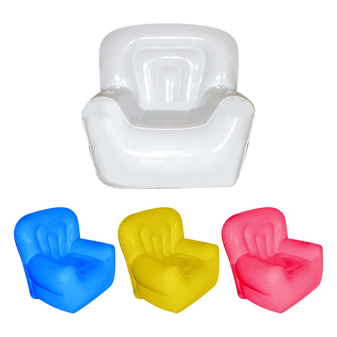 An inflatable chair set featuring a clear chair and three coloured chairs: blue, yellow, and pink. Each has a shiny finish.