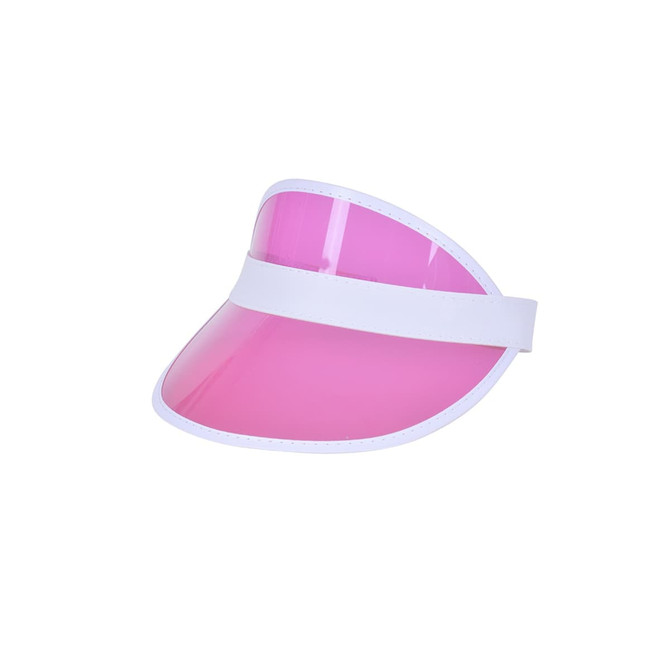 A pink PVC sunscreen hat with a white band, featuring a clear visor design.