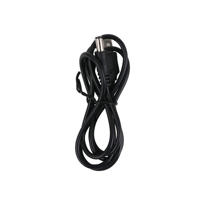 A black cable, coiled and tied, featuring plugs on each end. The product includes a logo.