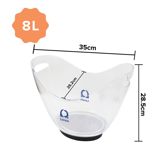 A clear, 8L LED ice bucket with a sleek design, featuring a logo and handles for easy lifting. Dimensions indicated.
