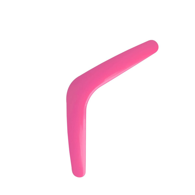 A V-shaped boomerang toy in bright pink, featuring a smooth, glossy finish and a sleek design.
