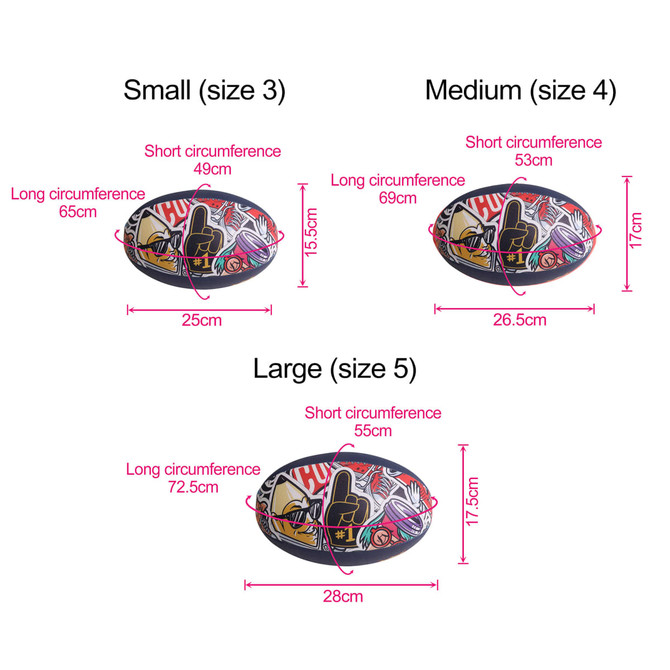 Aussie Rules training balls in three sizes: small, medium, and large, featuring a colourful design and a logo.