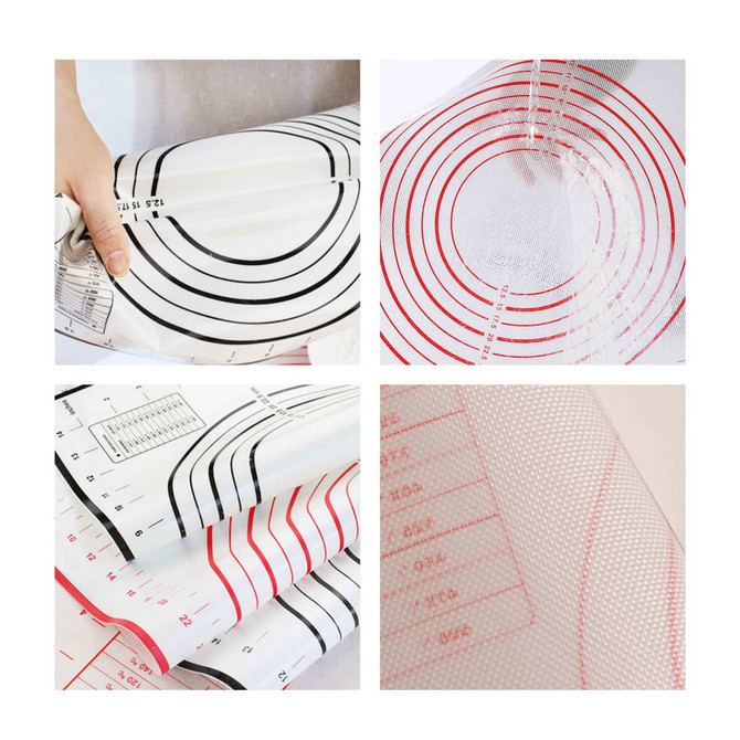 A silicone pastry mat with red and black measurement markings, featuring a grid pattern and a textured surface.