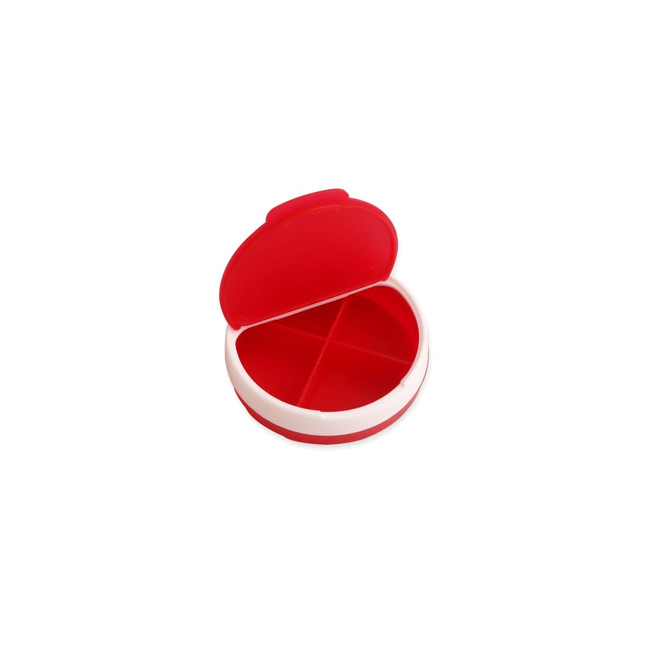 A round pill box in red and white, featuring four compartments and a hinged lid. It has a branding logo on the side.