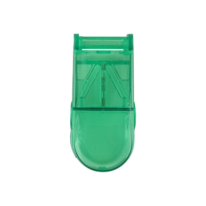 A green pill box with a built-in cutter, designed for easy tablet management. It features a logo on the surface.