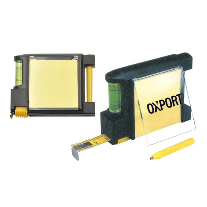 A multifunctional tape measure in black with a transparent section, including a level and a pen. It features a logo.
