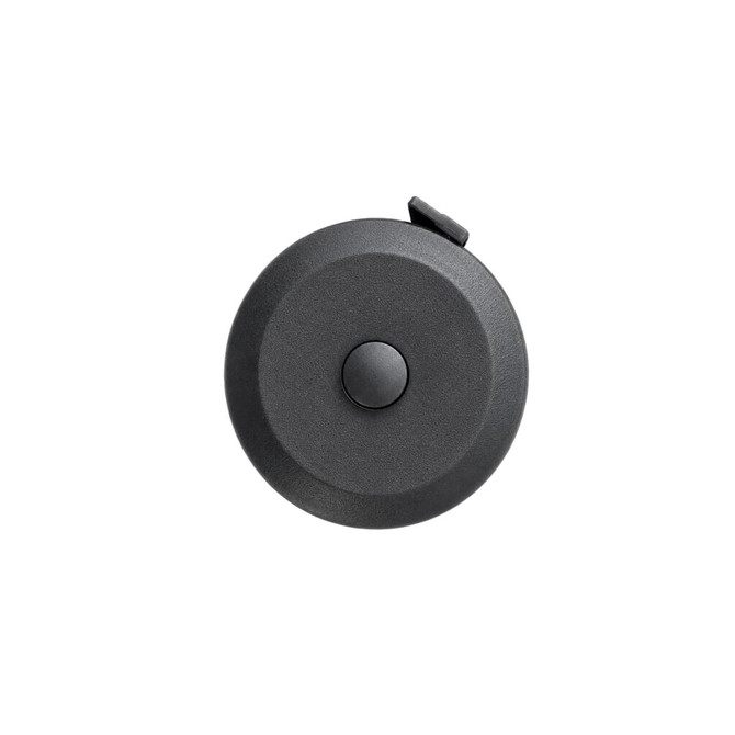 A 1.5m round tape measure in black, featuring a button and a retractable design. Includes a logo on the surface.