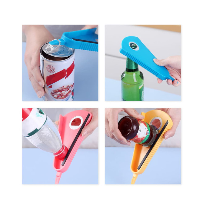 A multi-function bottle opener in blue, pink, and yellow, used for opening cans and bottles, featuring a logo.