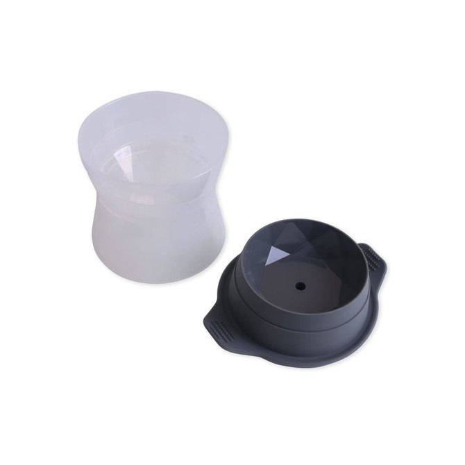 A black whisky ice ball mould next to a transparent silicone ice mould, both designed for creating ice spheres.