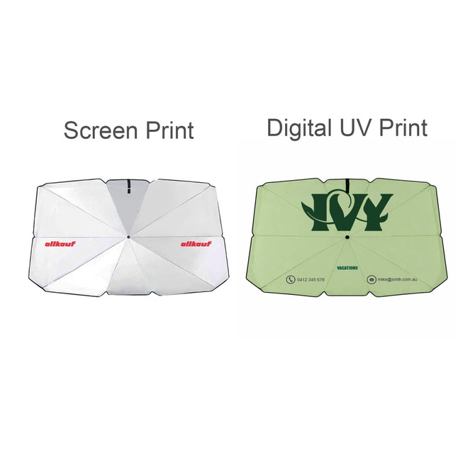 A large car shade umbrella in white with a logo, and a green version featuring digital UV print.