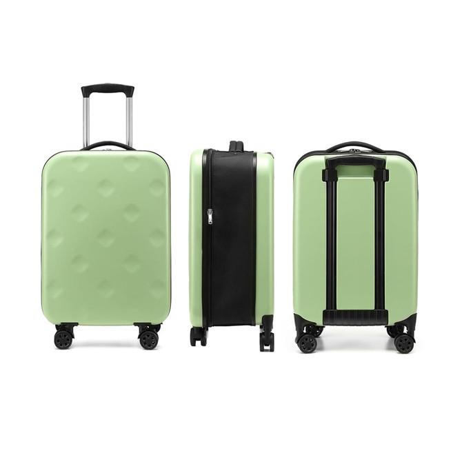 A collapsible suitcase in mint green with a textured surface, featuring wheels and a retractable handle.