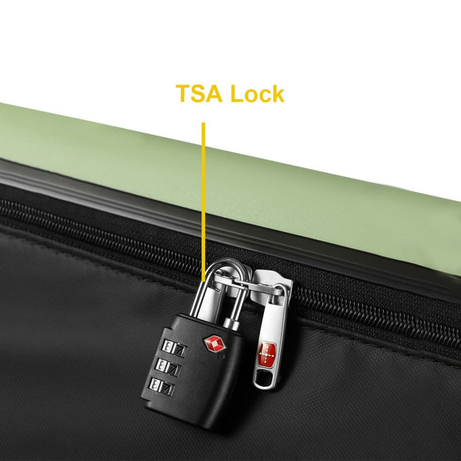 A black wheeled suitcase with a TSA lock displayed on the zipper, featuring a green accent. It has a logo.