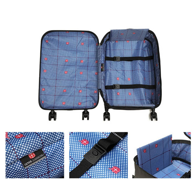 A collapsible suitcase in black with a blue patterned interior, featuring two wheels and a badge.
