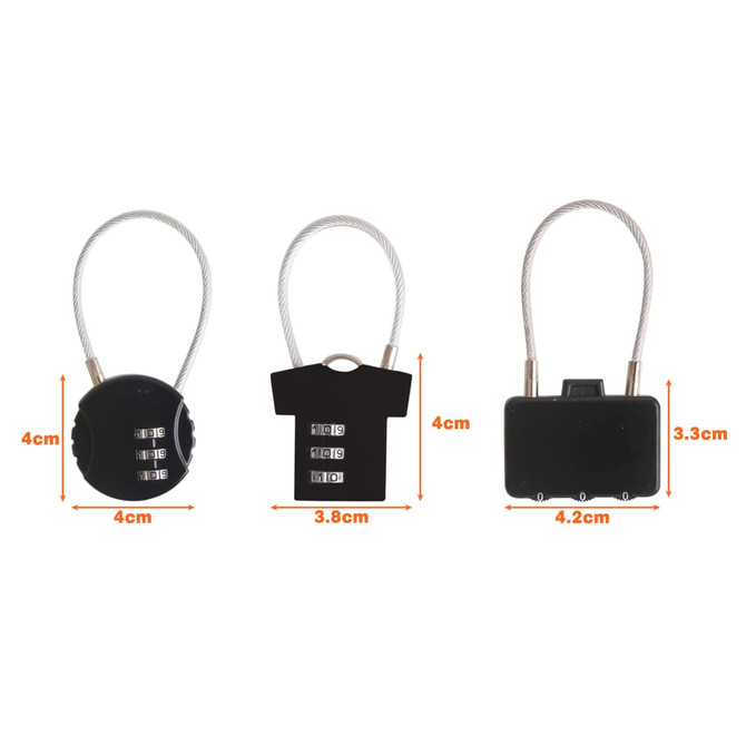 A metal coded lock set featuring three different designs in black, with varying dimensions. Each has a locking mechanism.