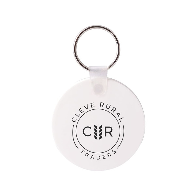 A round white keyring with a metal ring, featuring a logo in the centre.