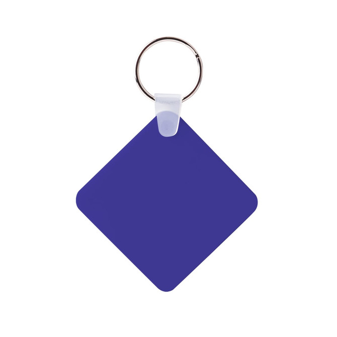 A square keyring in a rich violet colour with a silver metal keyring attachment. It features a plain design.