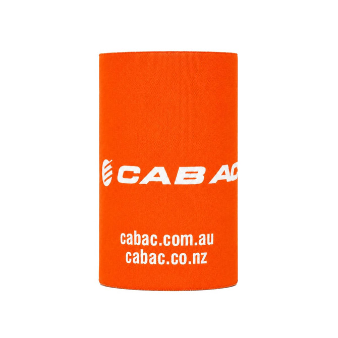 An orange stubby holder with a logo, designed for drinkware.