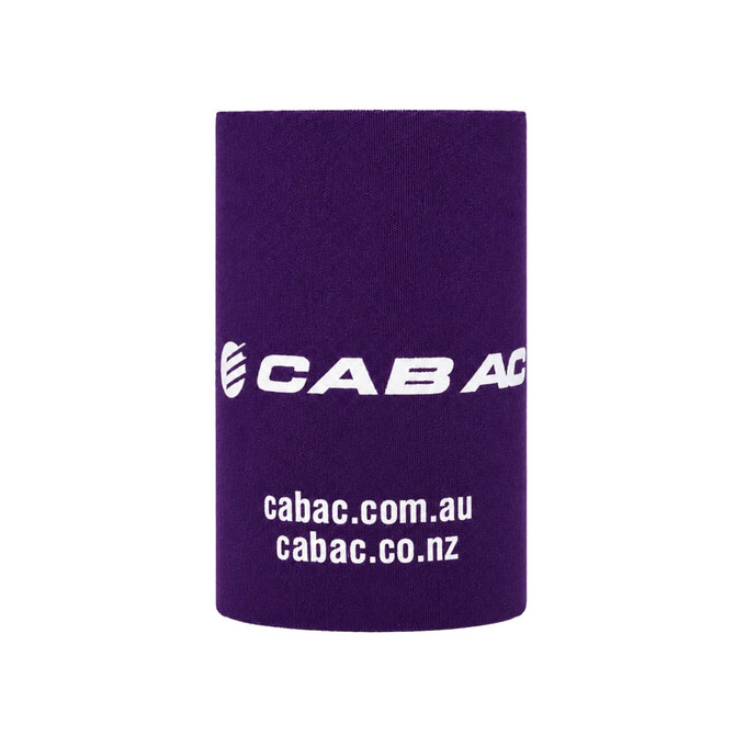 A purple stubby holder with a logo, designed to fit standard drink bottles.