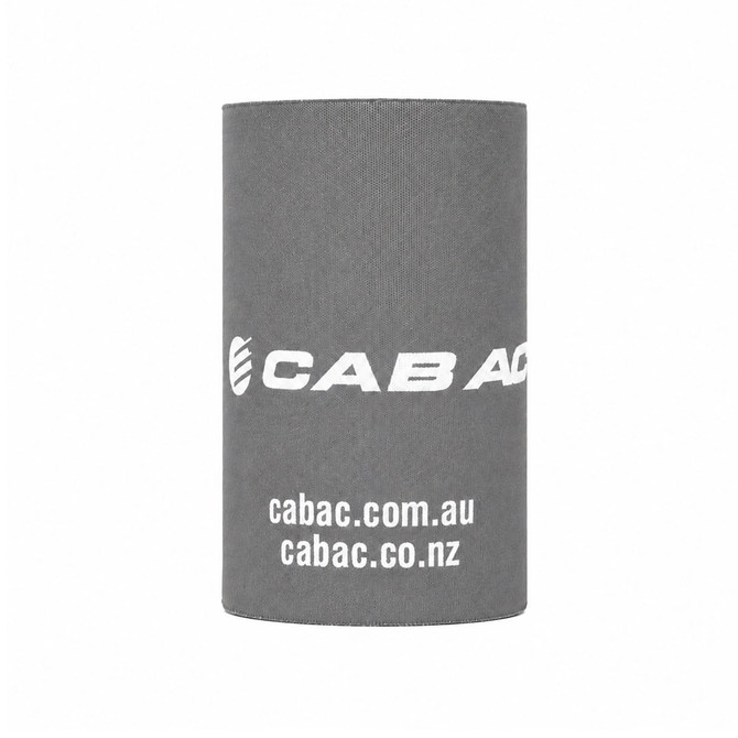A grey stubby holder featuring a logo, ideal for keeping drinks insulated.