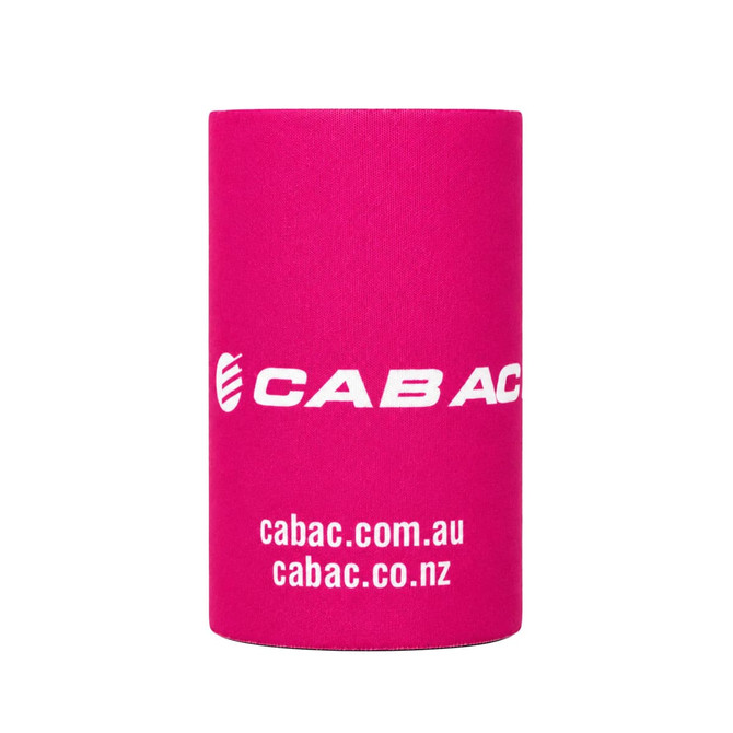 A pink stubby holder featuring a logo, designed to fit standard drink bottles.