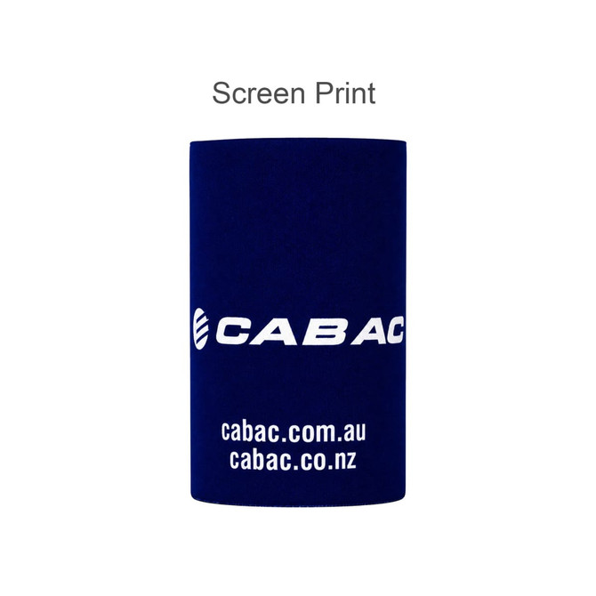 A navy blue stubby holder with a base and a logo printed on the front.