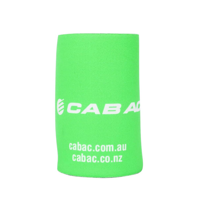 A green stubby holder featuring a logo, designed to fit drink bottles.