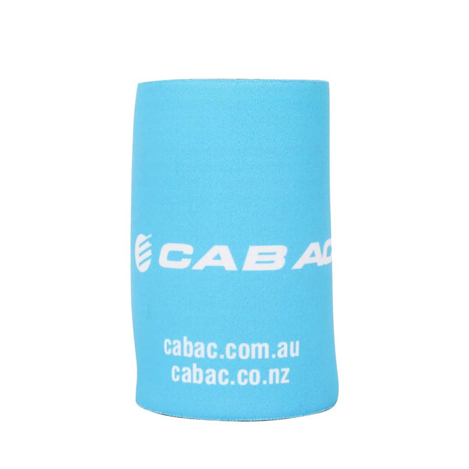 A drink bottle holder in light blue with a white branding logo on the front. It has a base for stability.