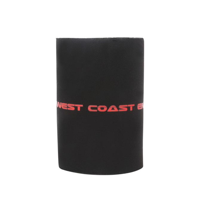 A drink bottle holder in black with a base and a logo in red around the centre.