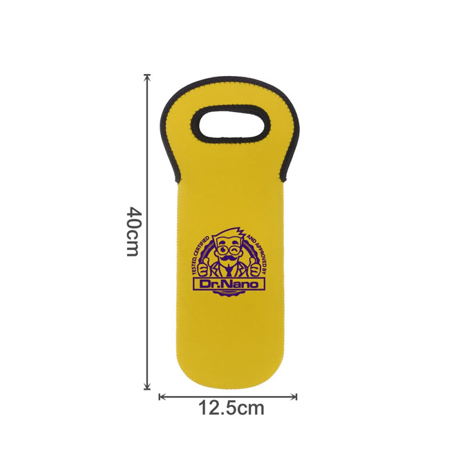 A drink bottle cooler in bright yellow with a handle and a logo. Fits a single bottle.