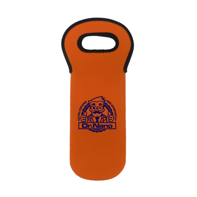 An orange single bottle wine cooler with a black trim and a logo on the front.
