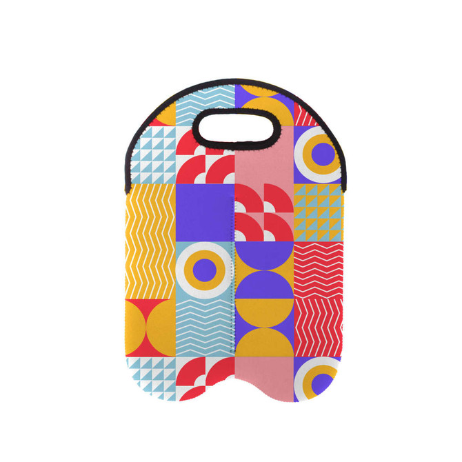 A drink bottle cooler with a vibrant geometric pattern featuring yellow, red, blue, and pink shapes. It has a handle and a logo.