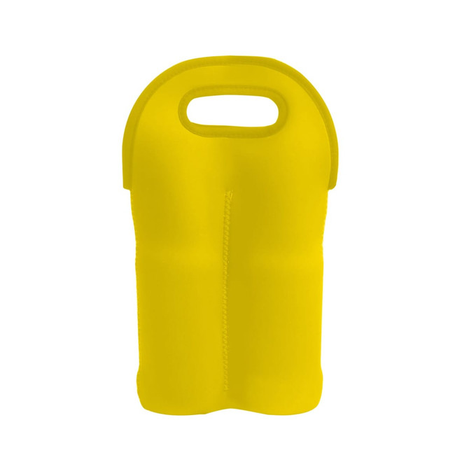 A yellow neoprene double beer bottle carrier featuring a handle and a sleek design. It includes a logo.