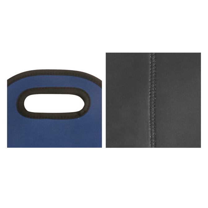 A drink bottle carrier in blue and black neoprene with stitched detailing and a handle for easy transport.