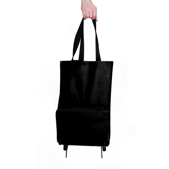 A black collapsible shopping trolley bag with handles, featuring a large main compartment and a smaller front pocket.