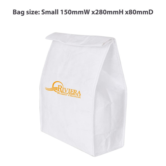 A small white Tyvek cooler lunch bag with a top flap and a logo printed on the side. Dimensions are 150x280x80mm.