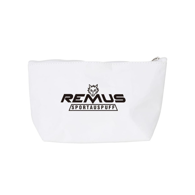 A white cosmetic bag with a zip closure and a logo on the front.