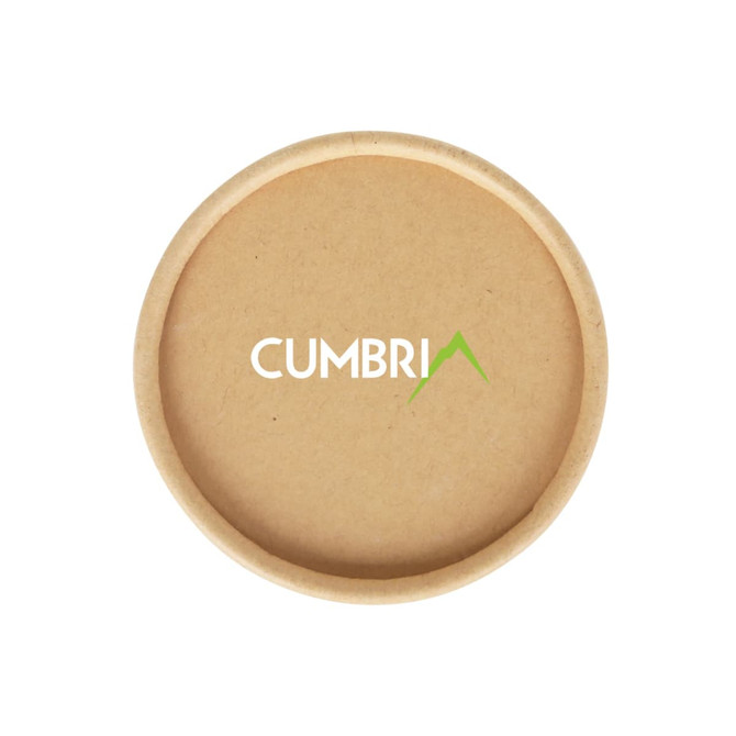 A round, large, brown paper cylinder box with a logo on the top.