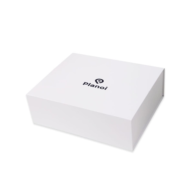 A white foldable magnetic box with a logo displayed on the top. It features a clean, minimalistic design.