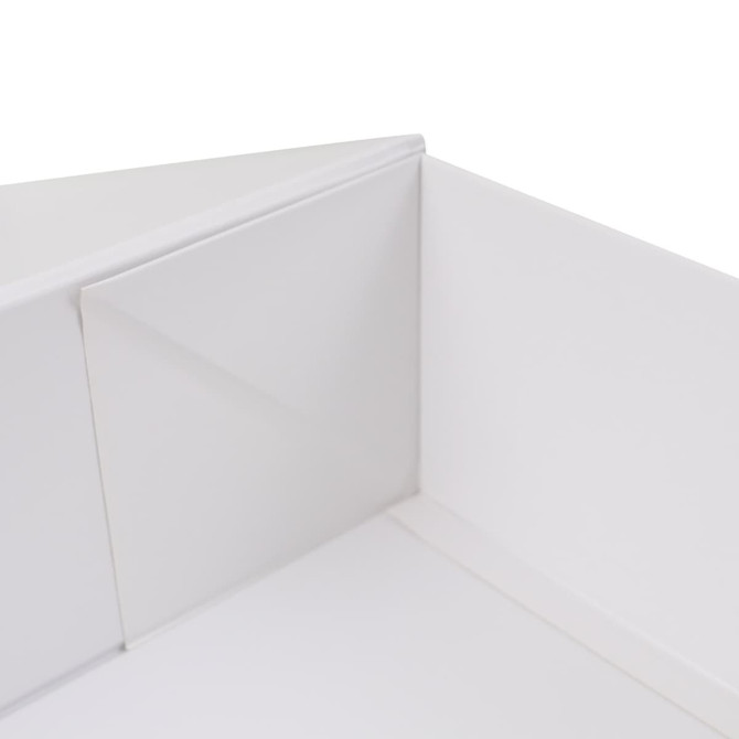 A medium foldable magnetic box in white, highlighting its corners and interior structure. It features a logo.