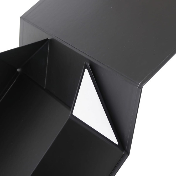 A large foldable magnetic box in black, with a triangular flap and a glossy finish. It features a logo.
