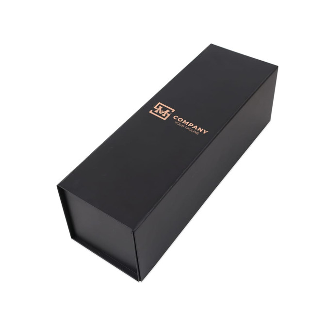 A black foldable magnetic wine box with a logo, designed to hold a single bottle.