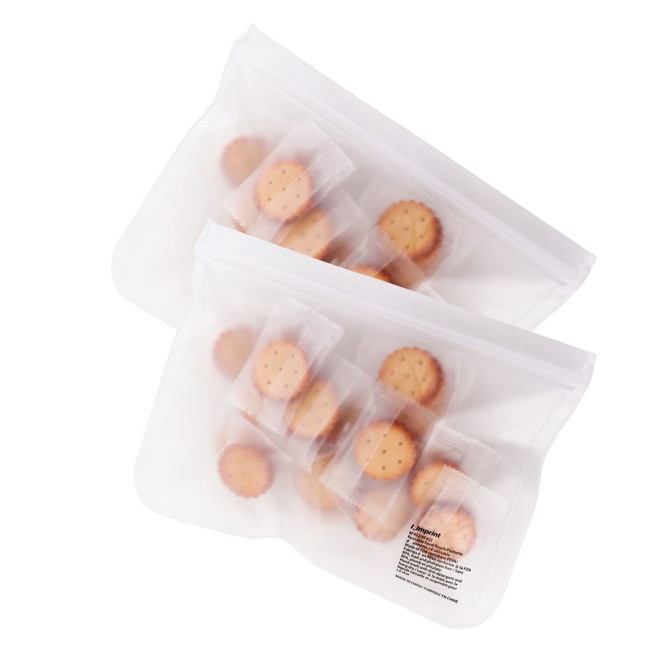 A transparent large storage bag containing several biscuit-sized snacks, featuring a zip closure and a simple design.
