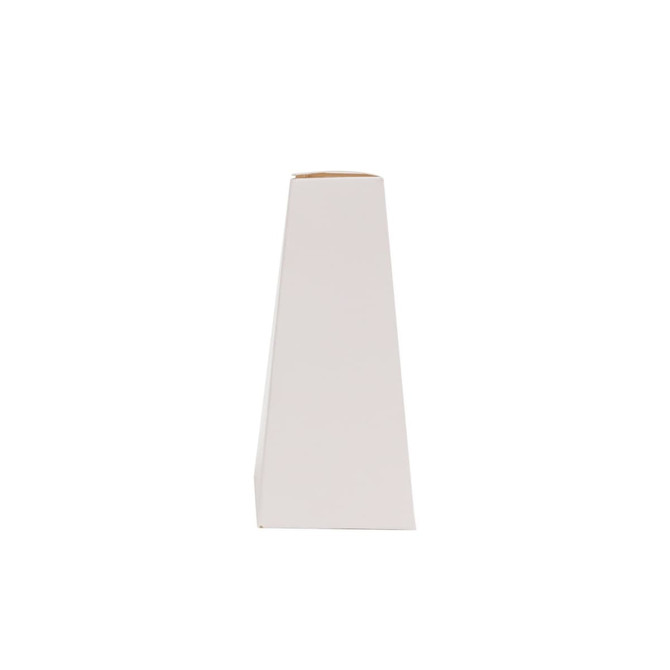 A white trapezoidal box with a plain exterior and a slanted top, featuring a logo.
