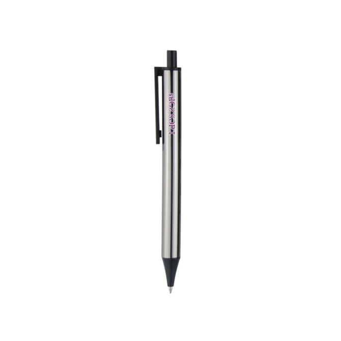 A silver plastic click pen with a black tip and clip, featuring a logo on the barrel.