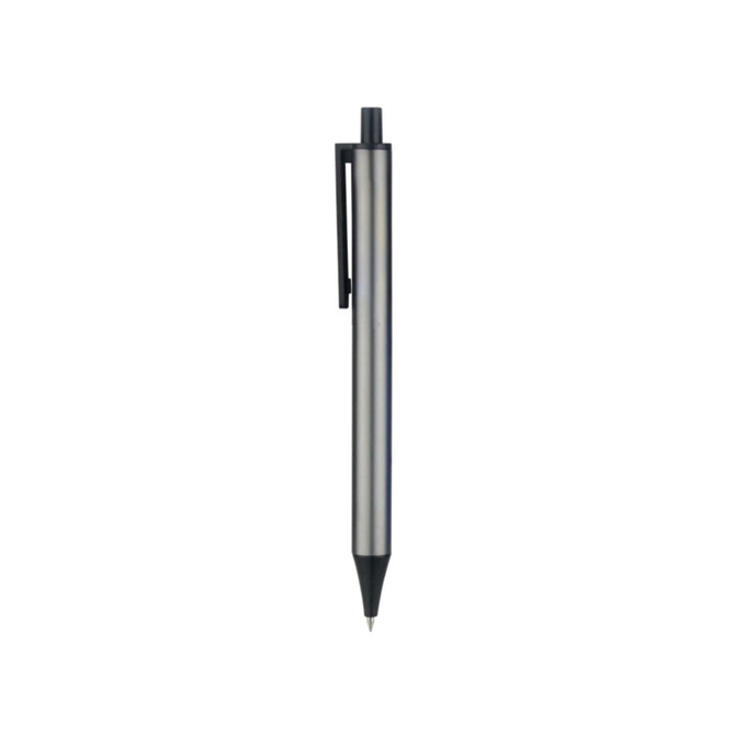 A plastic click pen in silver colour with a black tip and clip, featuring a logo.